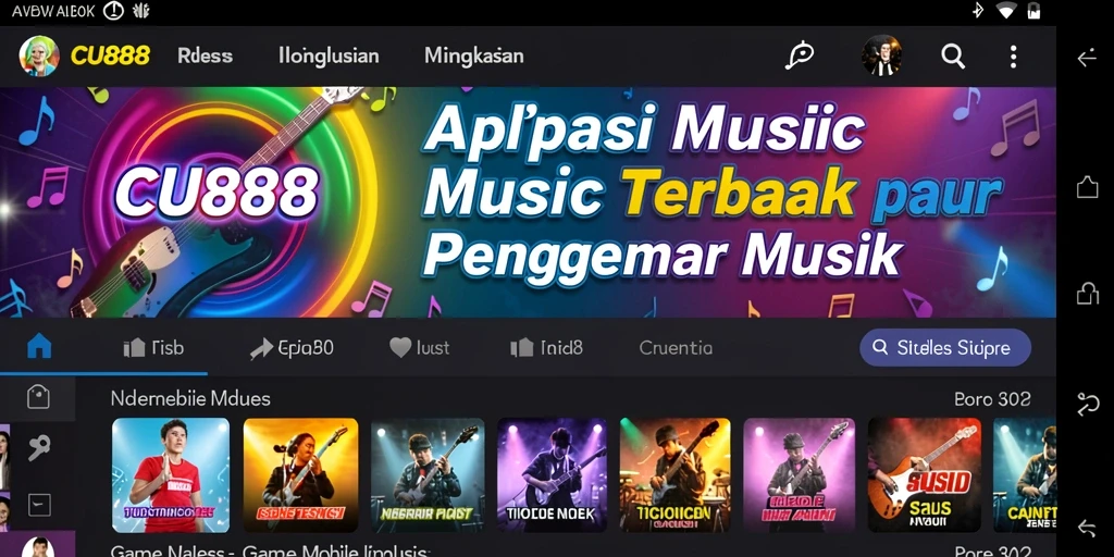 Tampilan utama CU888 yang menampilkan antarmuka aplikasi musik yang menarik.