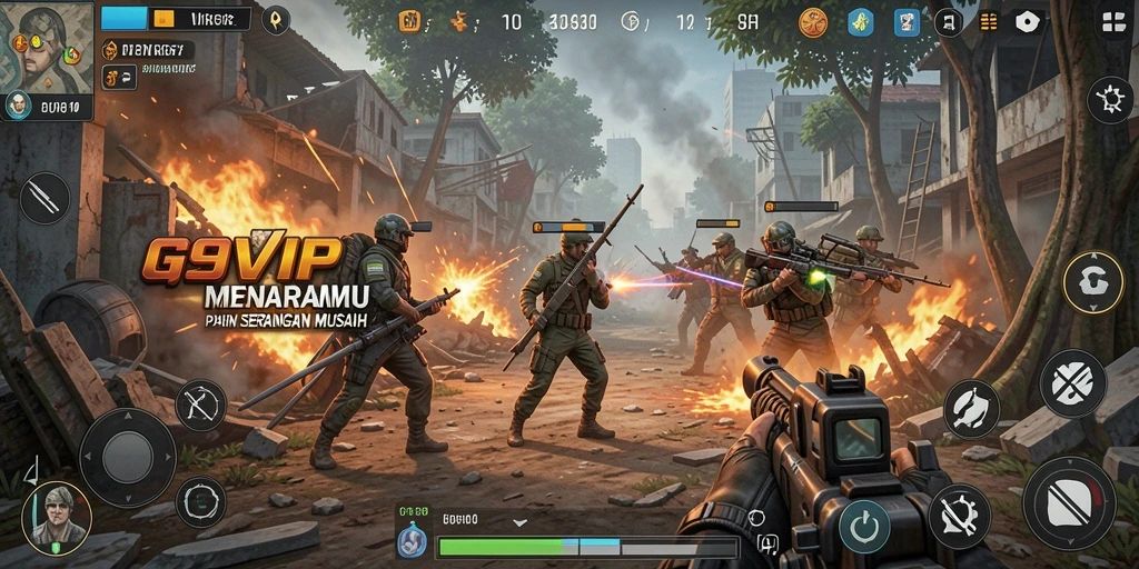 Screenshot G9VIP menunjukkan aktivitas intens di medan perang Tower Defense.