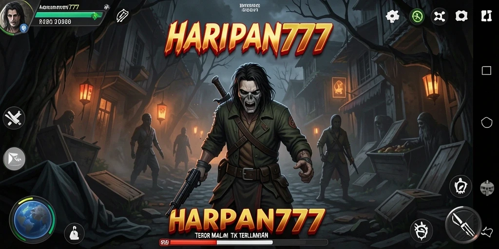 Screenshot gameplay menakutkan dari HARAPAN777 dengan suasana kelam dan mengerikan.