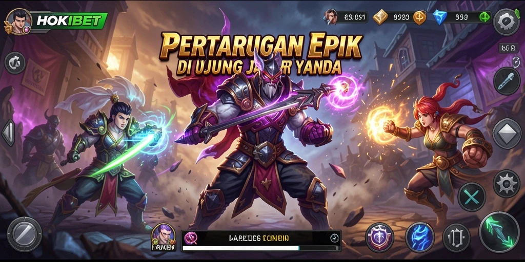 Screenshot gameplay HOKIBET menampilkan pertarungan yang mendebarkan dan karakter yang kuat.