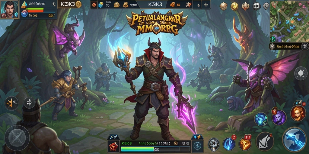 Screenshot utama K3K3 menampilkan aksi pertarungan seru di dunia MMORPG.