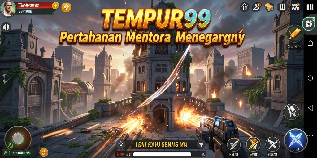 Tangkapan layar TEMPUR99 yang menunjukkan gameplay menara bertahan yang seru.